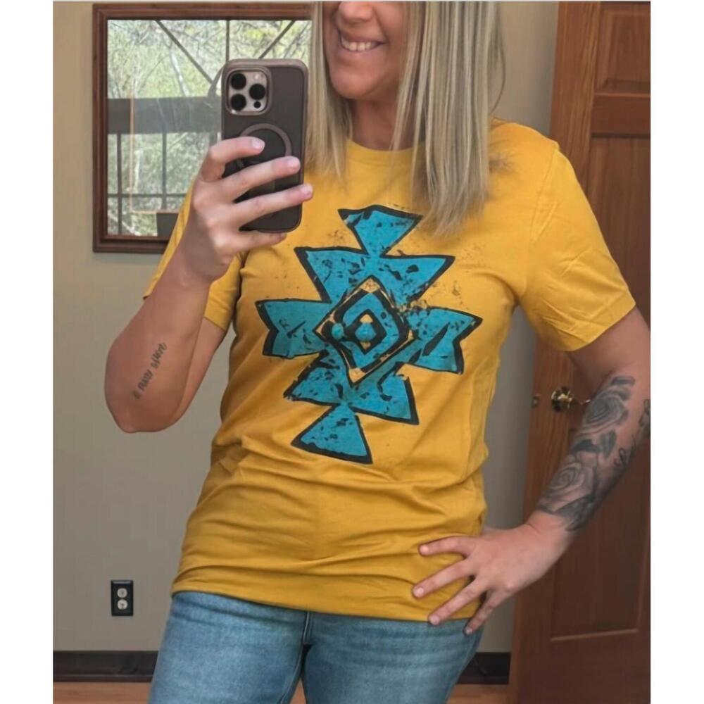 NEW SOUTHERN ATTITUDE aztec tribal graphic tee in mustard turquoise